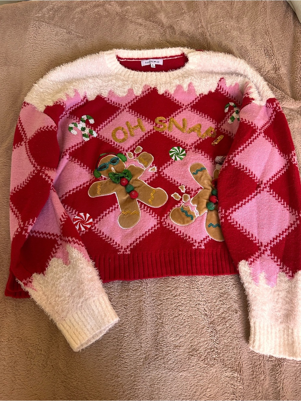 Pink / Red Gingerbread Crewneck holiday / Christmas Sweater size XL women